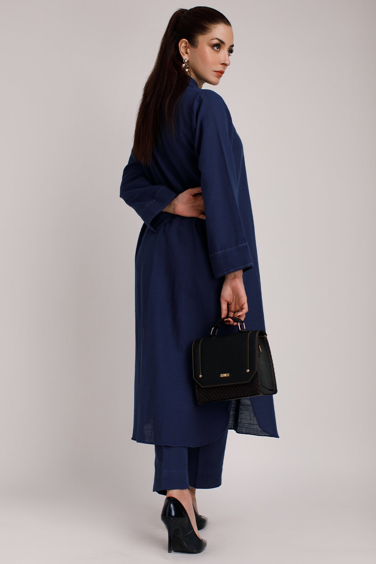 Navy Blue Khaddar Dress - Peach Republic