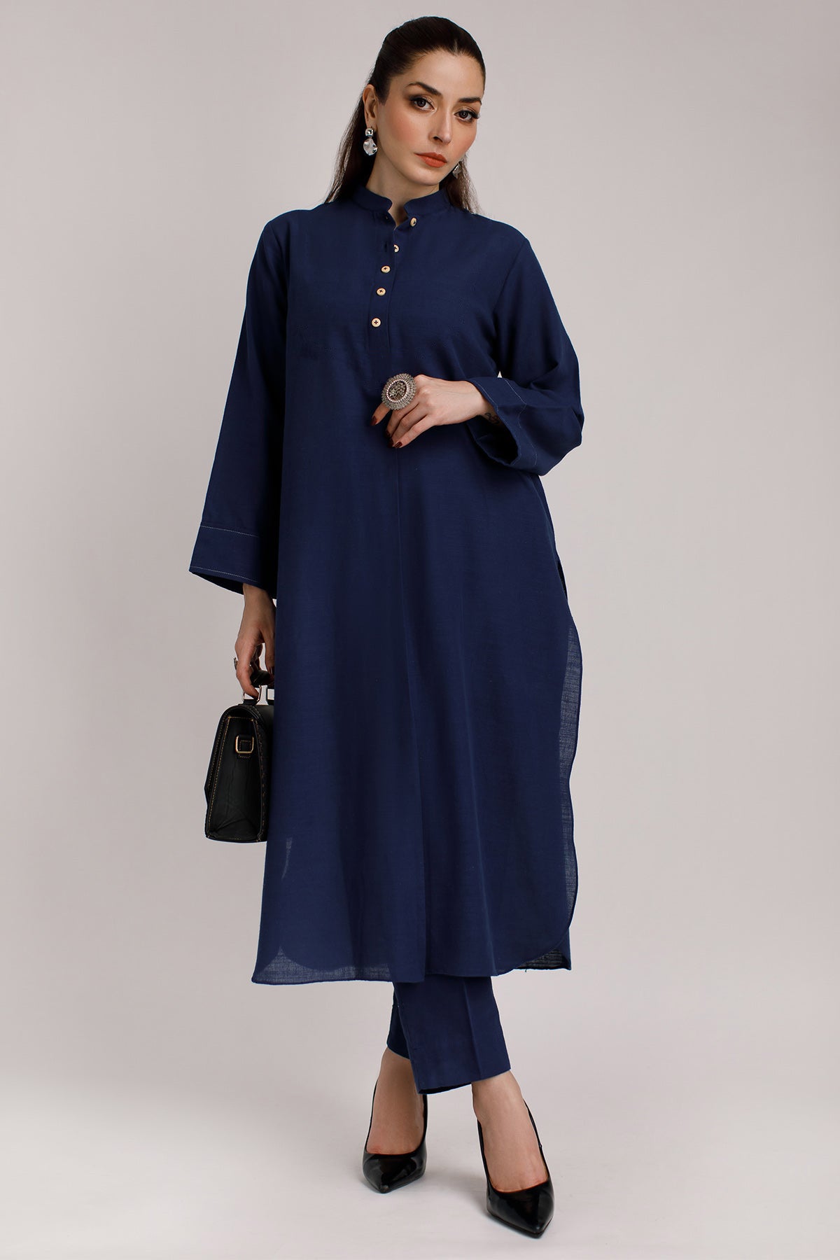 Navy Blue Khaddar Dress - Peach Republic