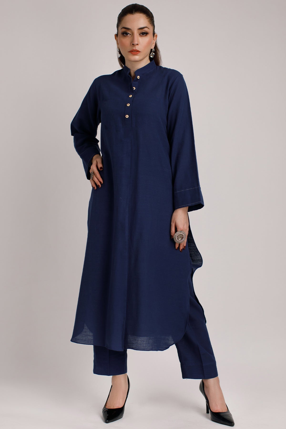 Navy Blue Khaddar Dress - Peach Republic