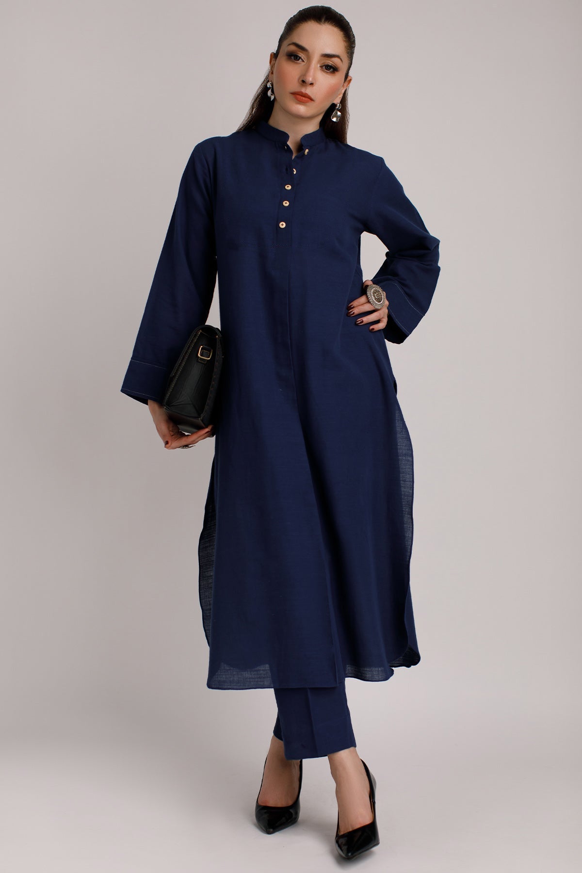 Navy Blue Khaddar Dress - Peach Republic