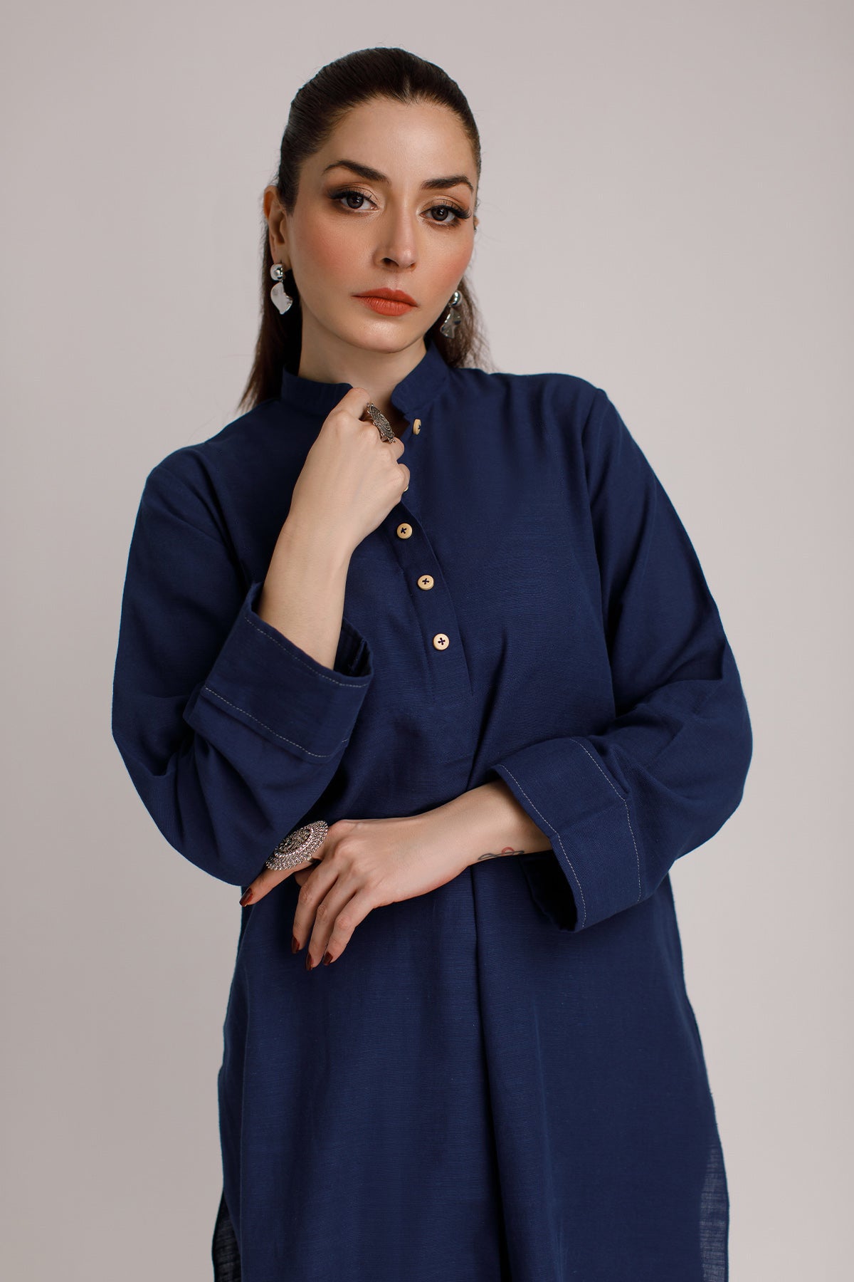 Navy Blue Khaddar Dress - Peach Republic