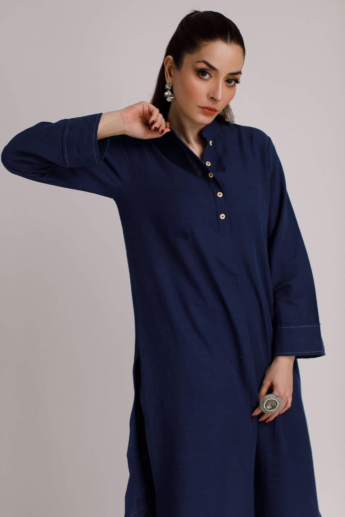 Navy Blue Khaddar Dress - Peach Republic