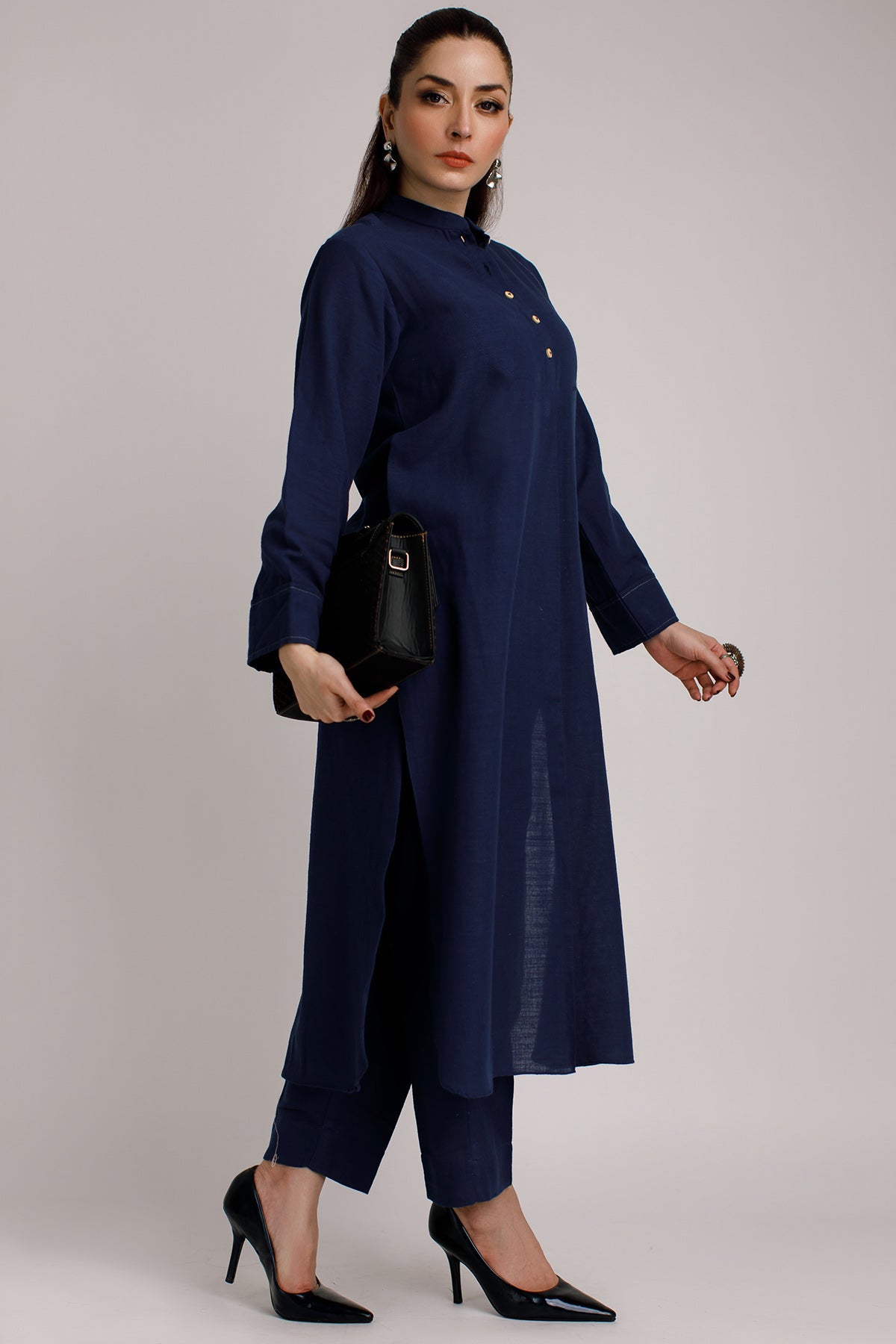 Navy Blue Khaddar Dress - Peach Republic