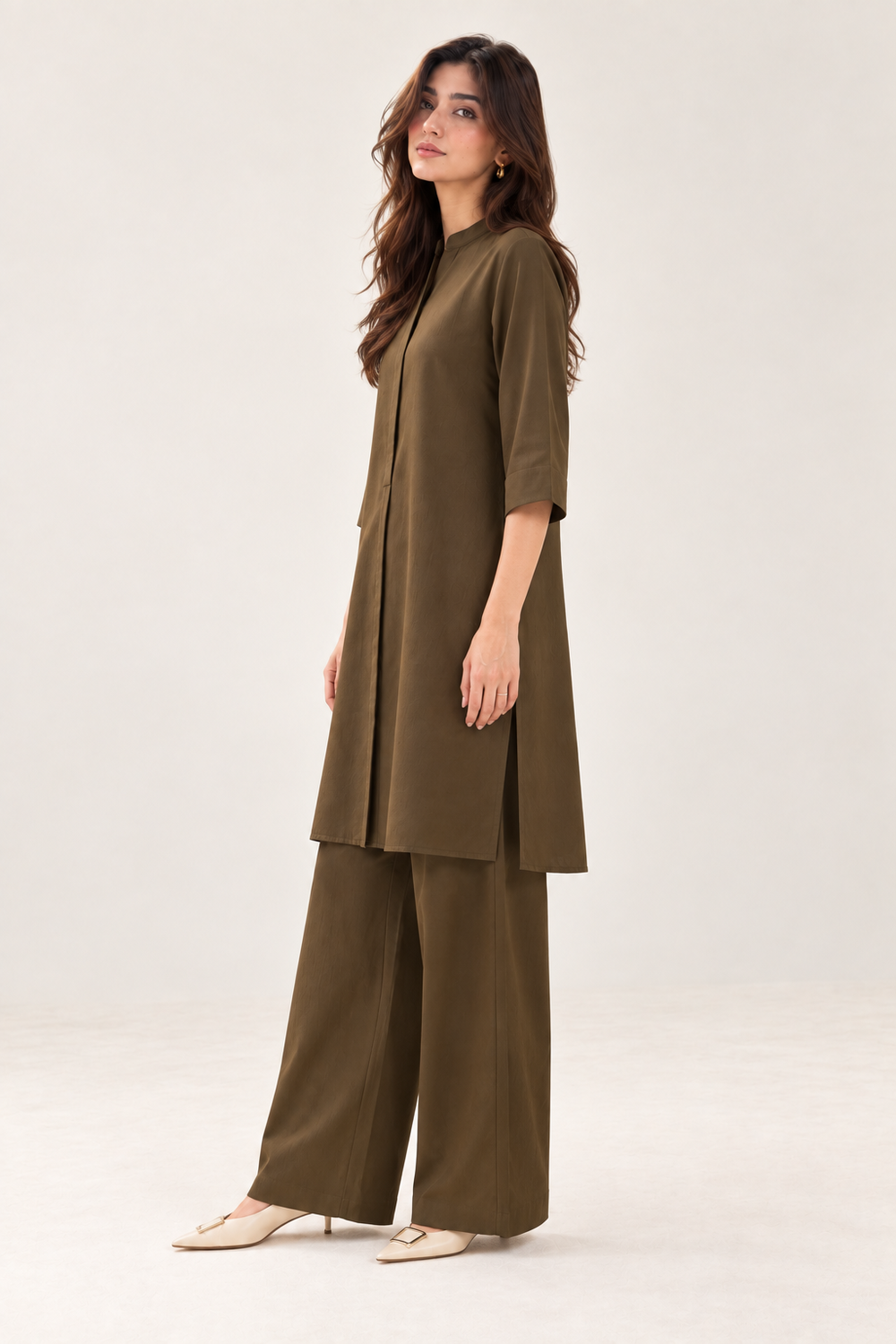 Olive brown co-ord set front side view