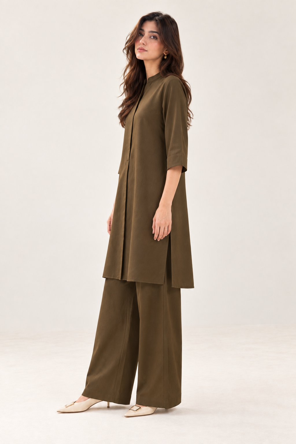 Olive brown co-ord set front side view