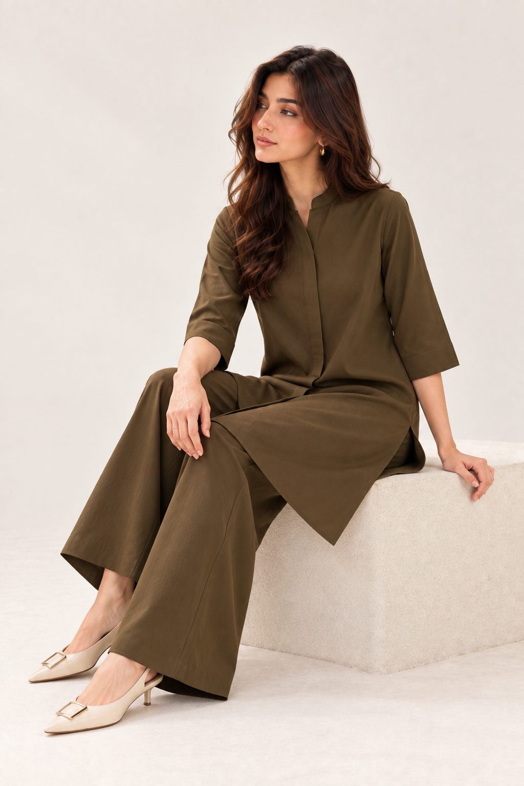 Olive brown co-ord set sitting view