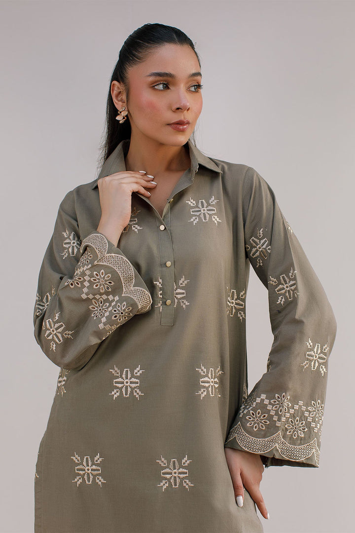 Olive Green Embroidered Dress - Peach Republic