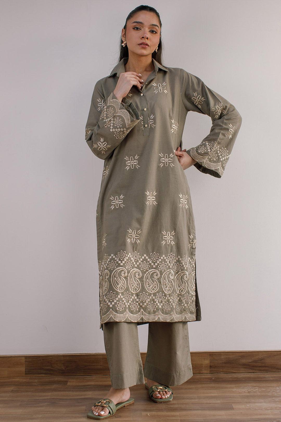 Olive Green Embroidered Dress - Peach Republic
