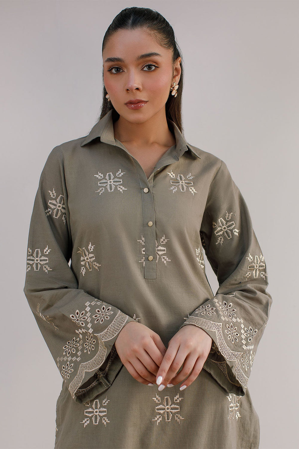 Olive Green Embroidered Dress - Peach Republic