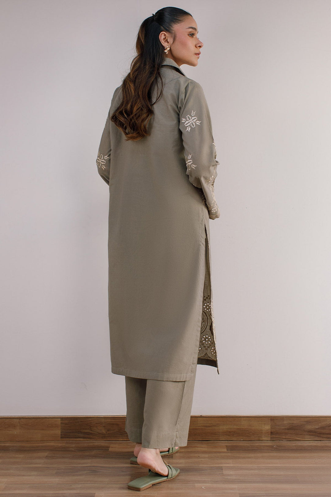 Olive Green Embroidered Dress - Peach Republic