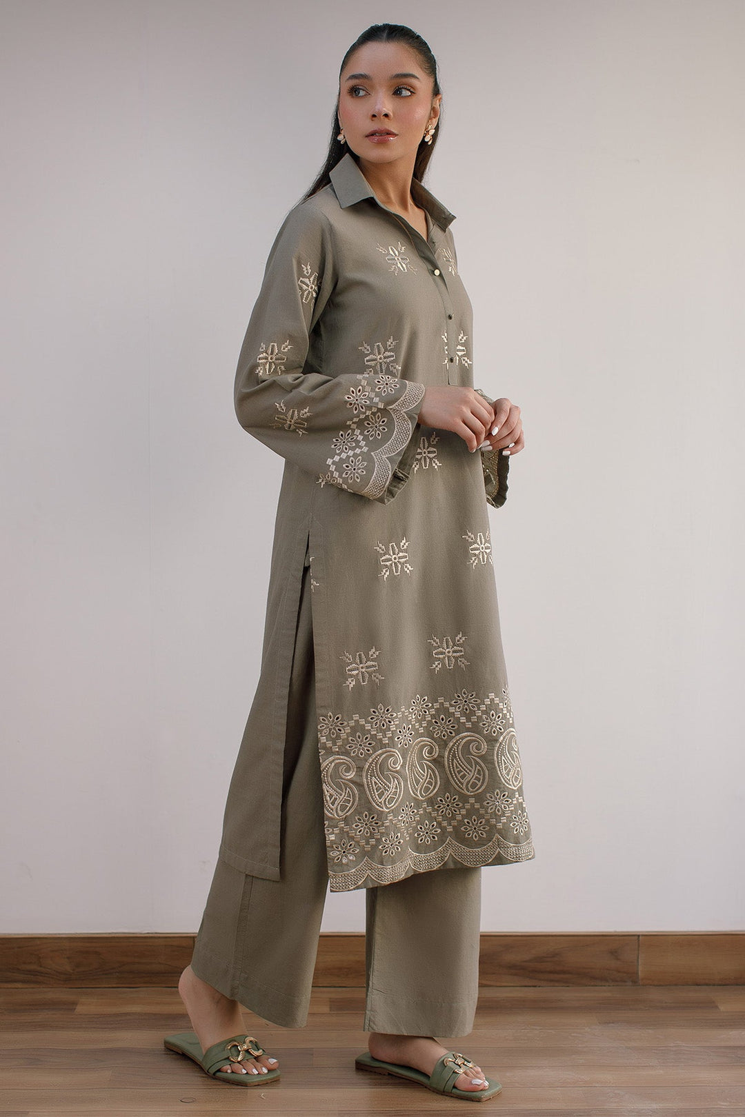 Olive Green Embroidered Dress - Peach Republic