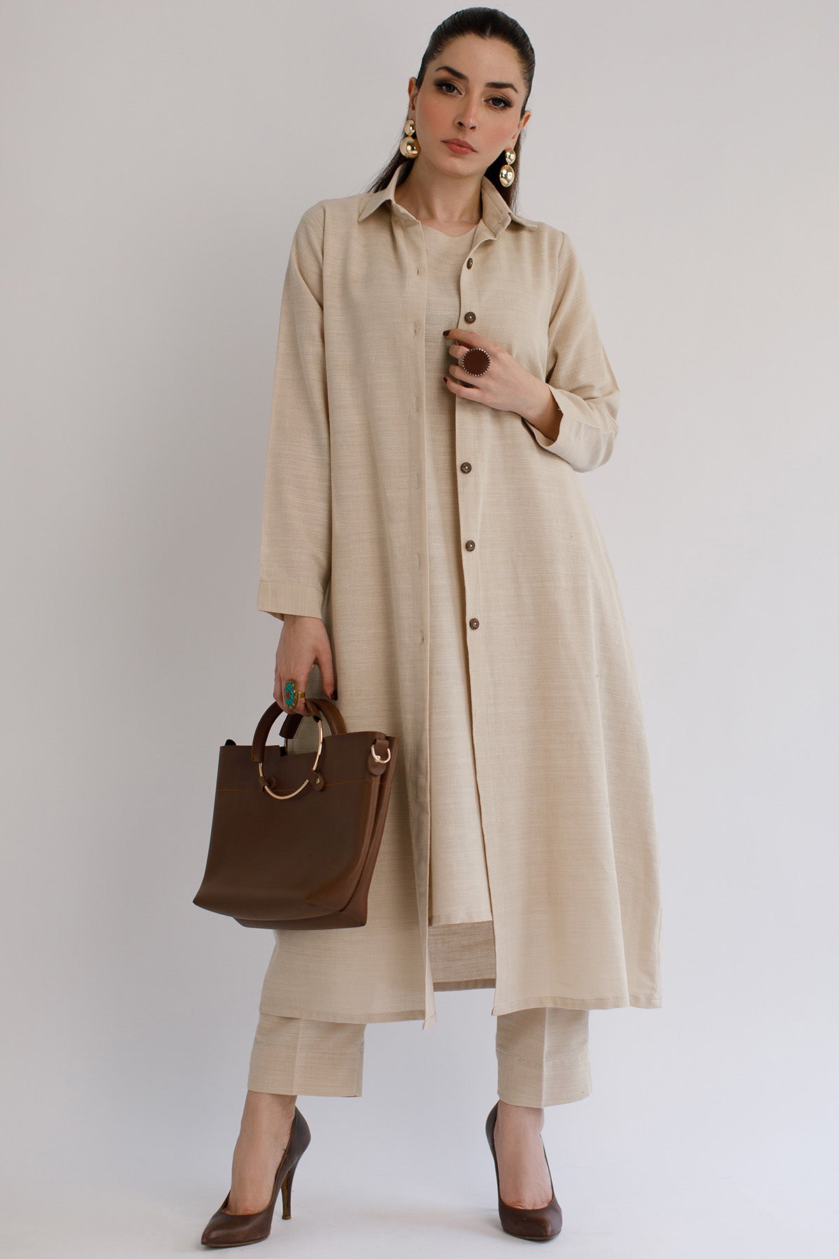 Pastel Beige Khaddar Dress - Peach Republic