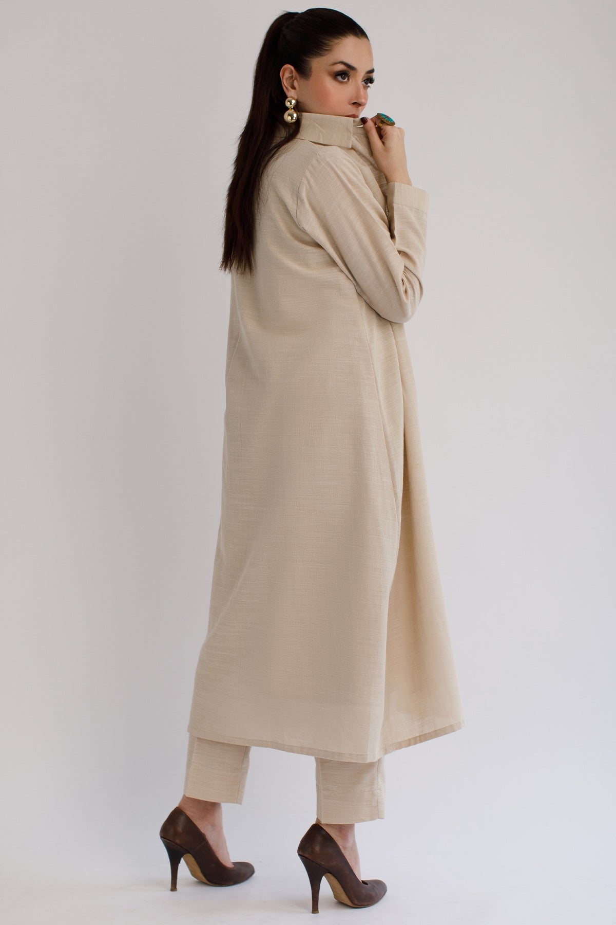 Pastel Beige Khaddar Dress - Peach Republic