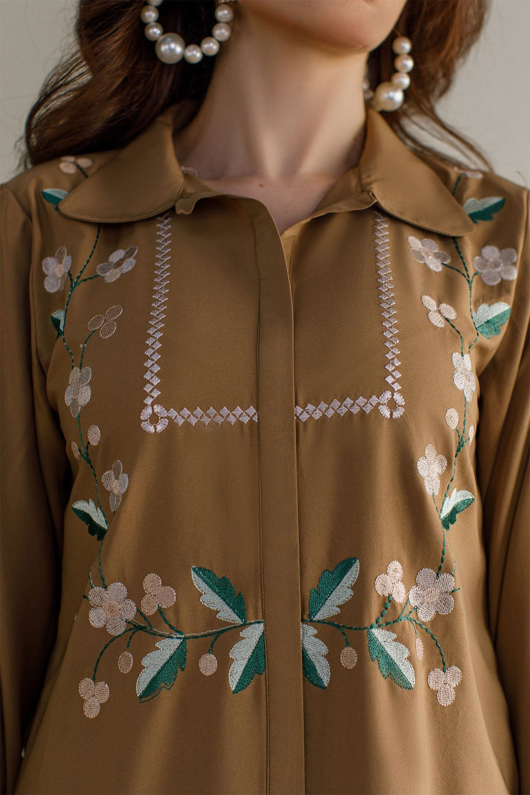 Pastel Brown Embroidered Co Ord Set - 01 - Peach Republic