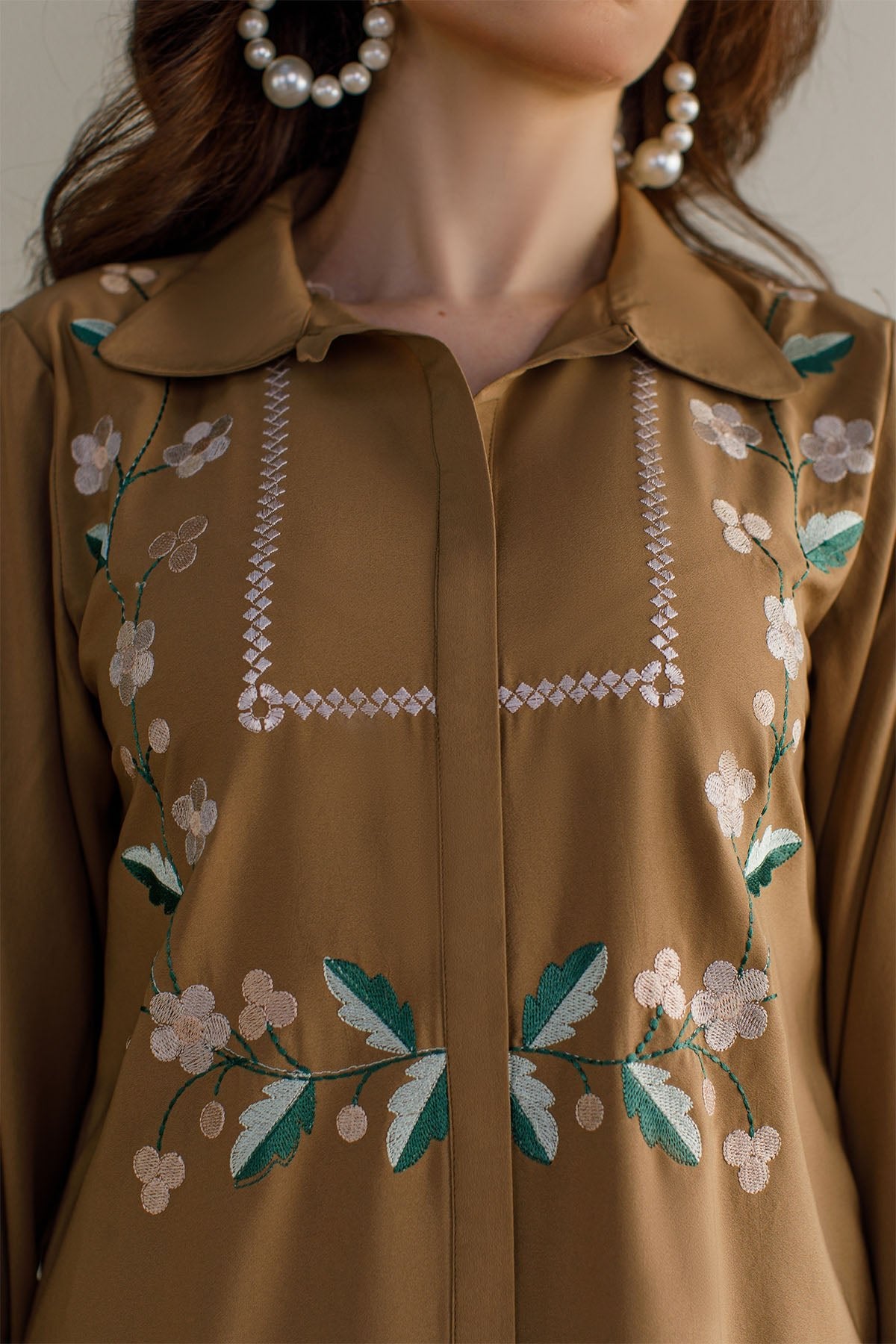 Pastel Brown Embroidered Co Ord Set - 01 - Peach Republic
