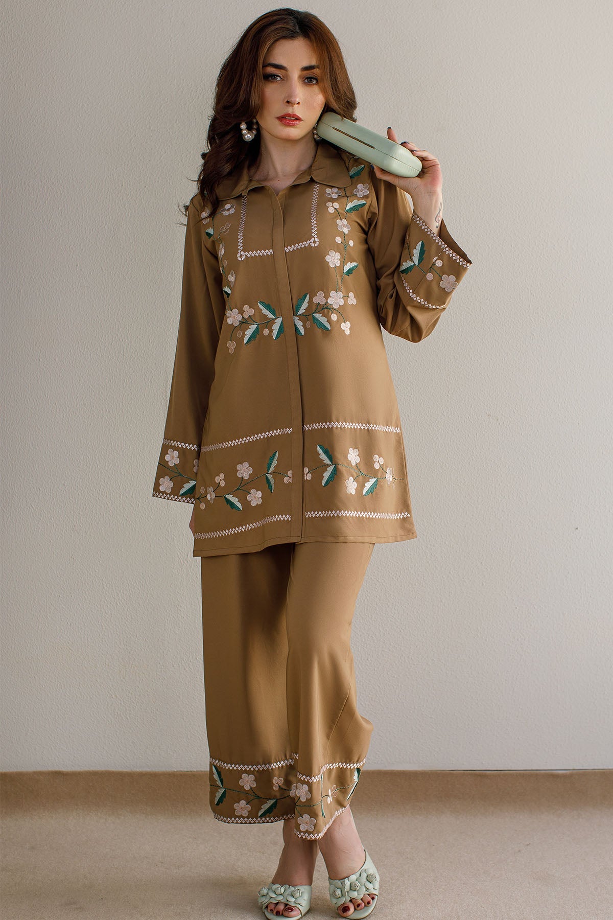 Pastel Brown Embroidered Co Ord Set - 01 - Peach Republic