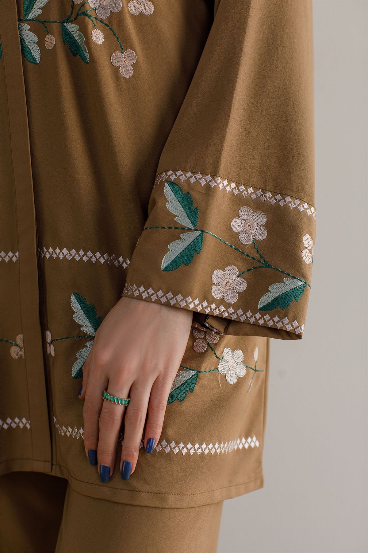 Pastel Brown Embroidered Co Ord Set - 01 - Peach Republic