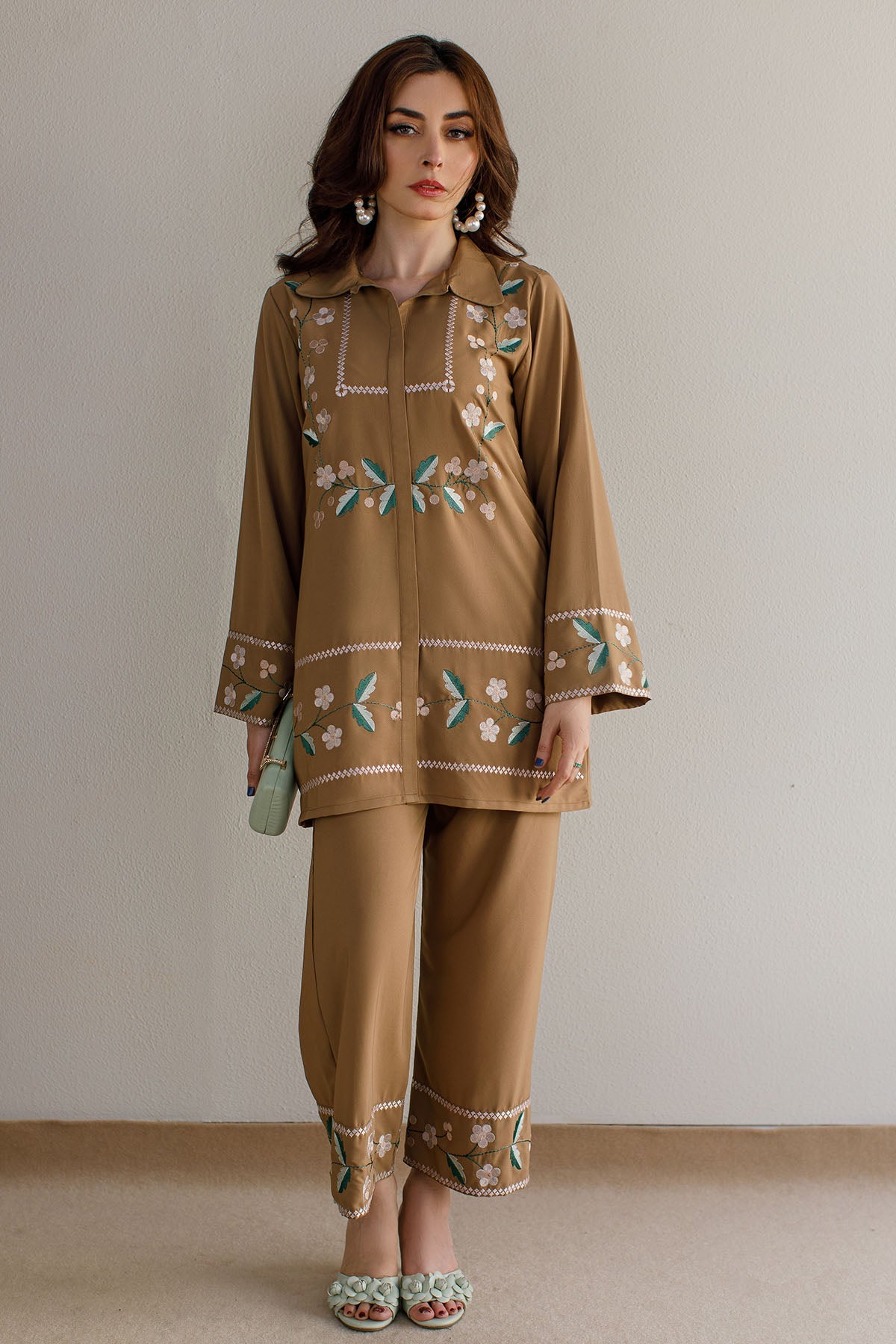 Pastel Brown Embroidered Co Ord Set - 01 - Peach Republic