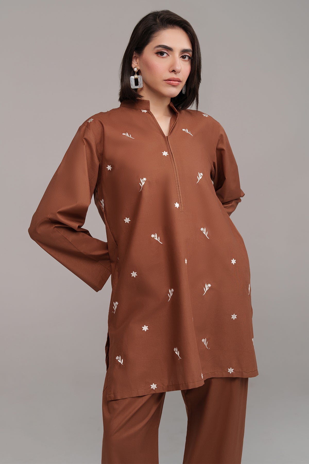 Pastel Brown Embroidered Co Ord Set - 02 - Peach Republic
