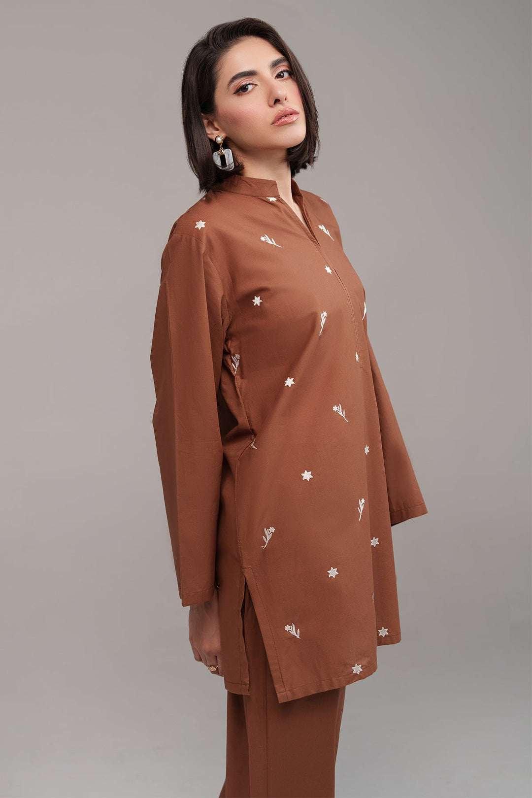 Pastel Brown Embroidered Co Ord Set - 02 - Peach Republic