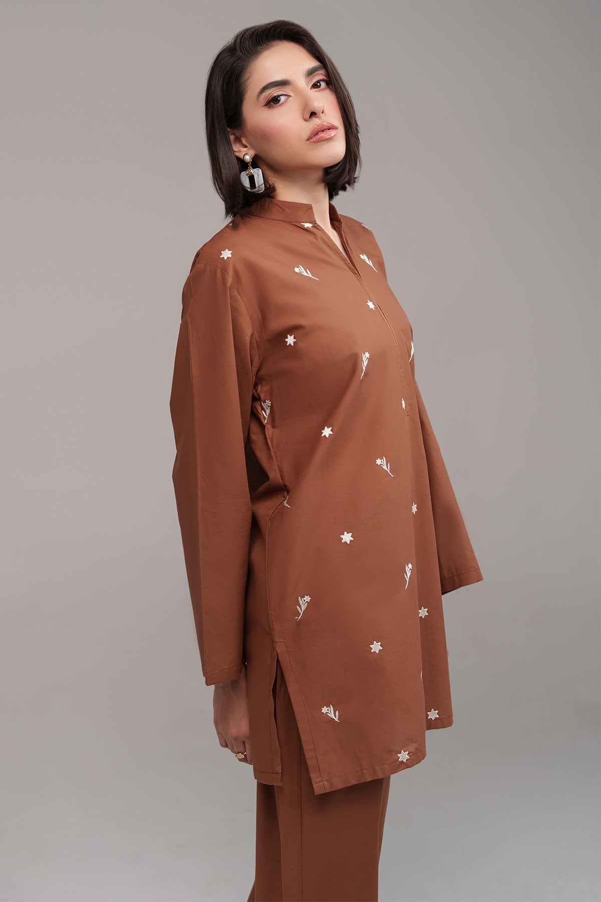 Pastel Brown Embroidered Co Ord Set - 02 - Peach Republic