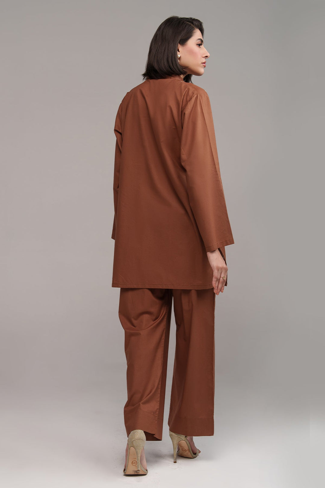 Pastel Brown Embroidered Co Ord Set - 02 - Peach Republic