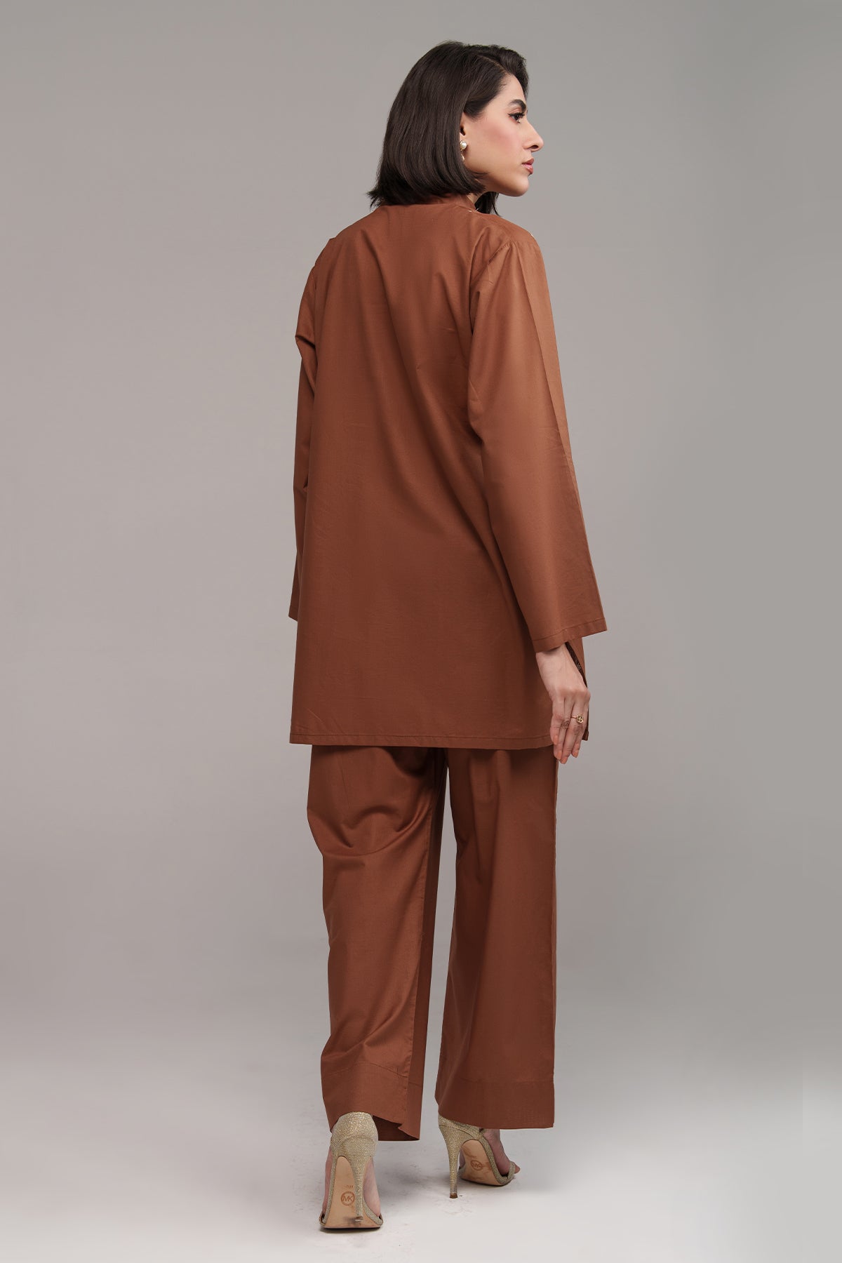 Pastel Brown Embroidered Co Ord Set - 02 - Peach Republic