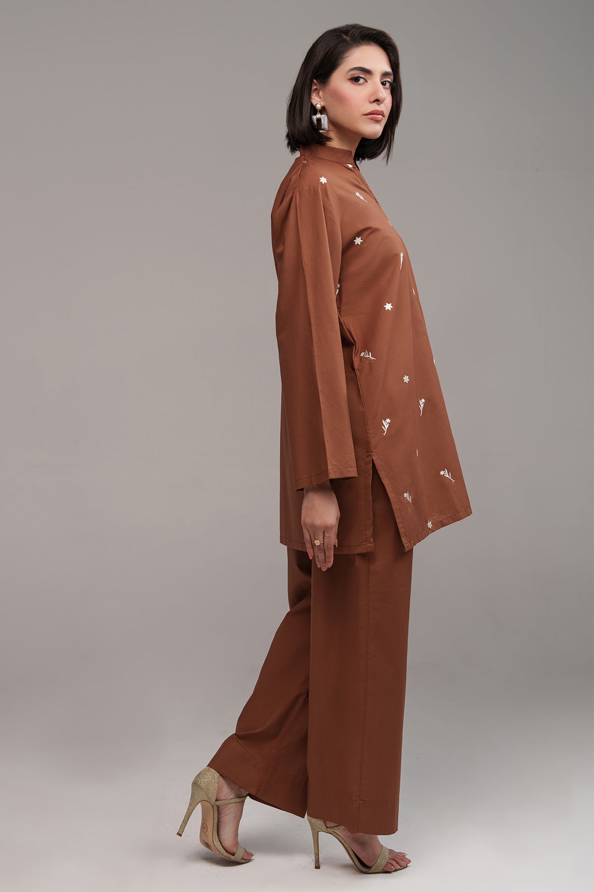 Pastel Brown Embroidered Co Ord Set - 02 - Peach Republic