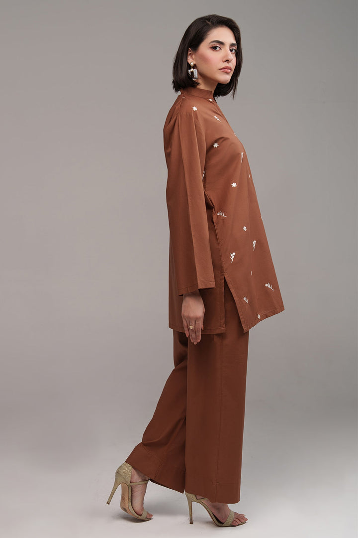 Pastel Brown Embroidered Co Ord Set - 02 - Peach Republic