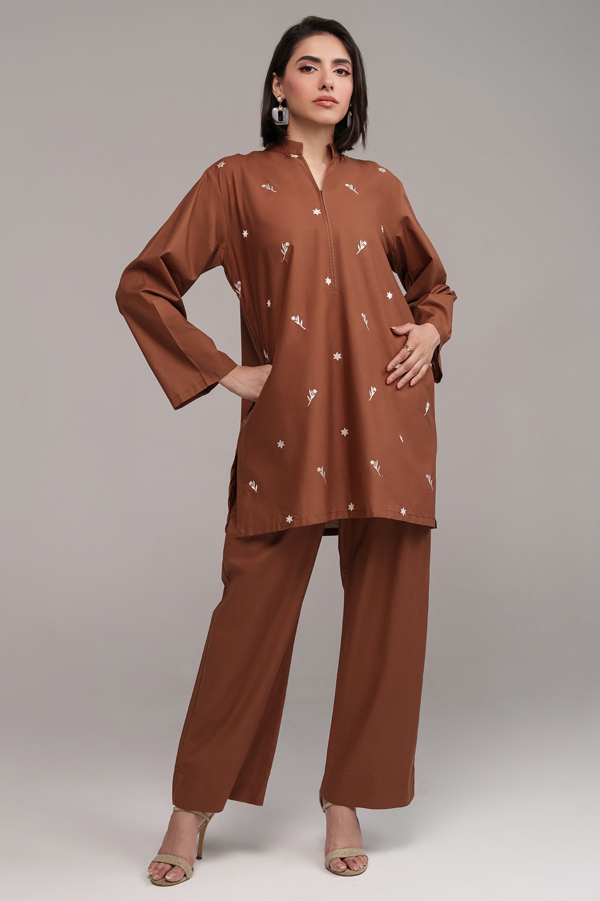 Pastel Brown Embroidered Co Ord Set - 02 - Peach Republic