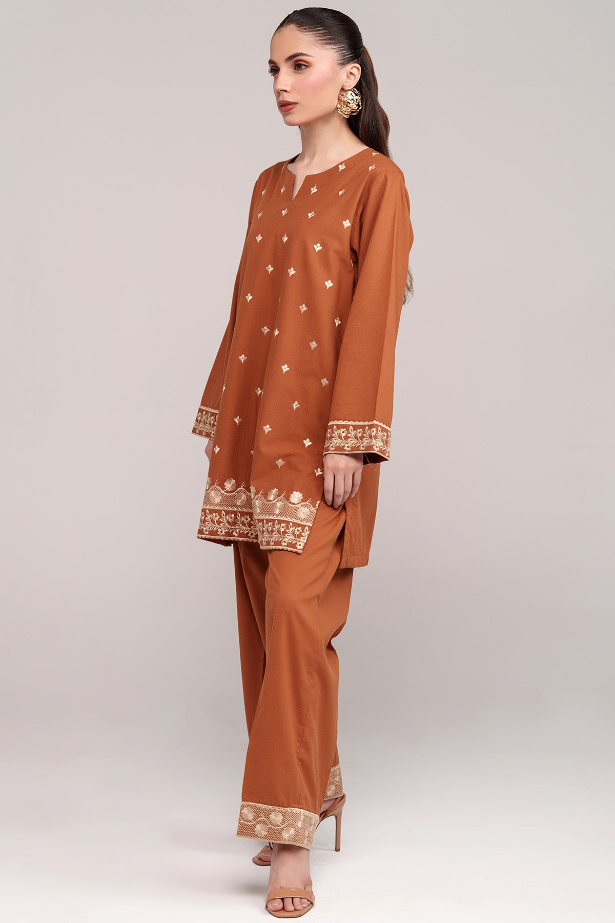 Pastel Brown Embroidered Co Ord Set - 03 - Peach Republic