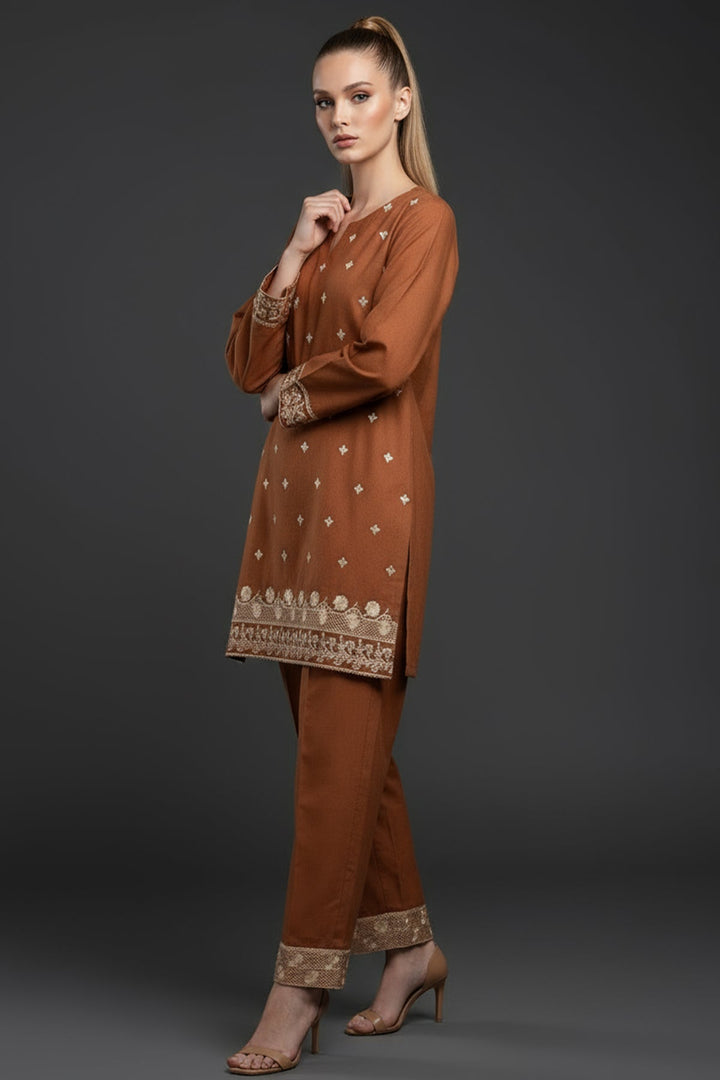 Pastel Brown Embroidered Co Ord Set - 03 - Peach Republic