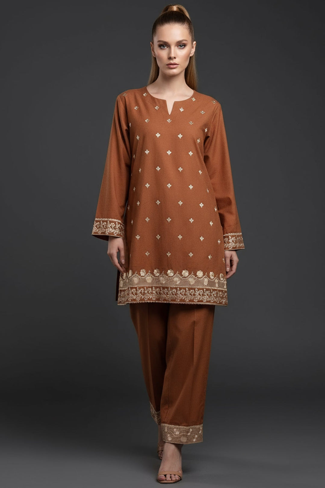 Pastel Brown Embroidered Co Ord Set - 03 - Peach Republic