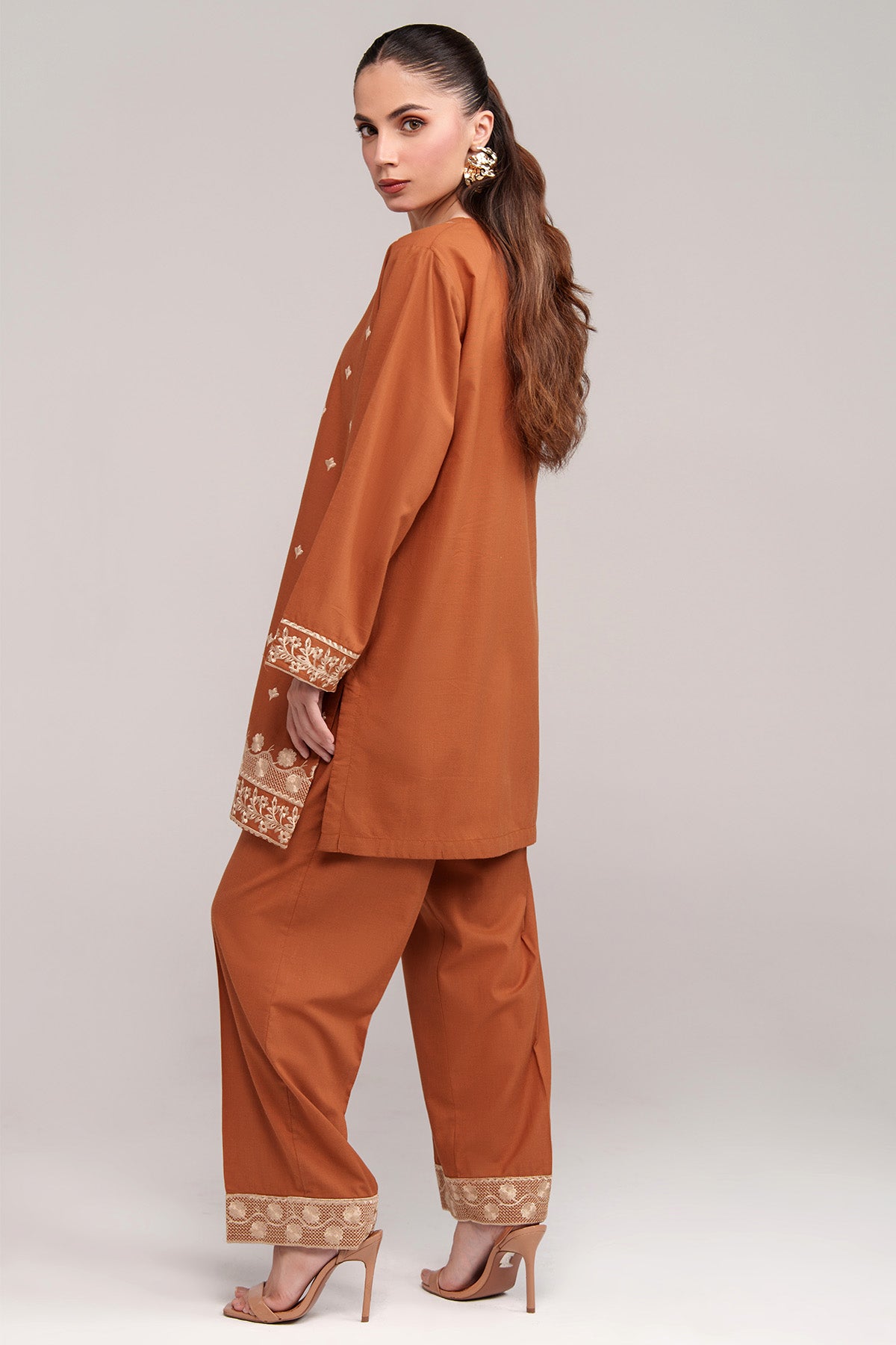Pastel Brown Embroidered Co Ord Set - 03 - Peach Republic