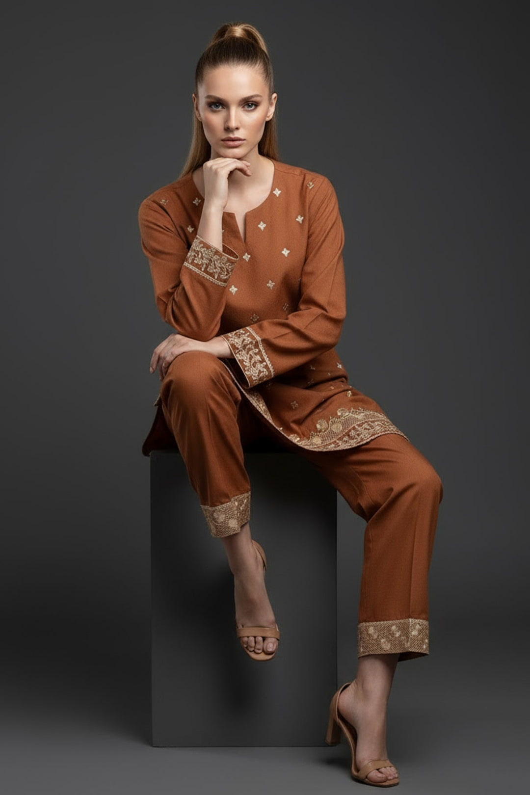 Pastel Brown Embroidered Co Ord Set - 03 - Peach Republic