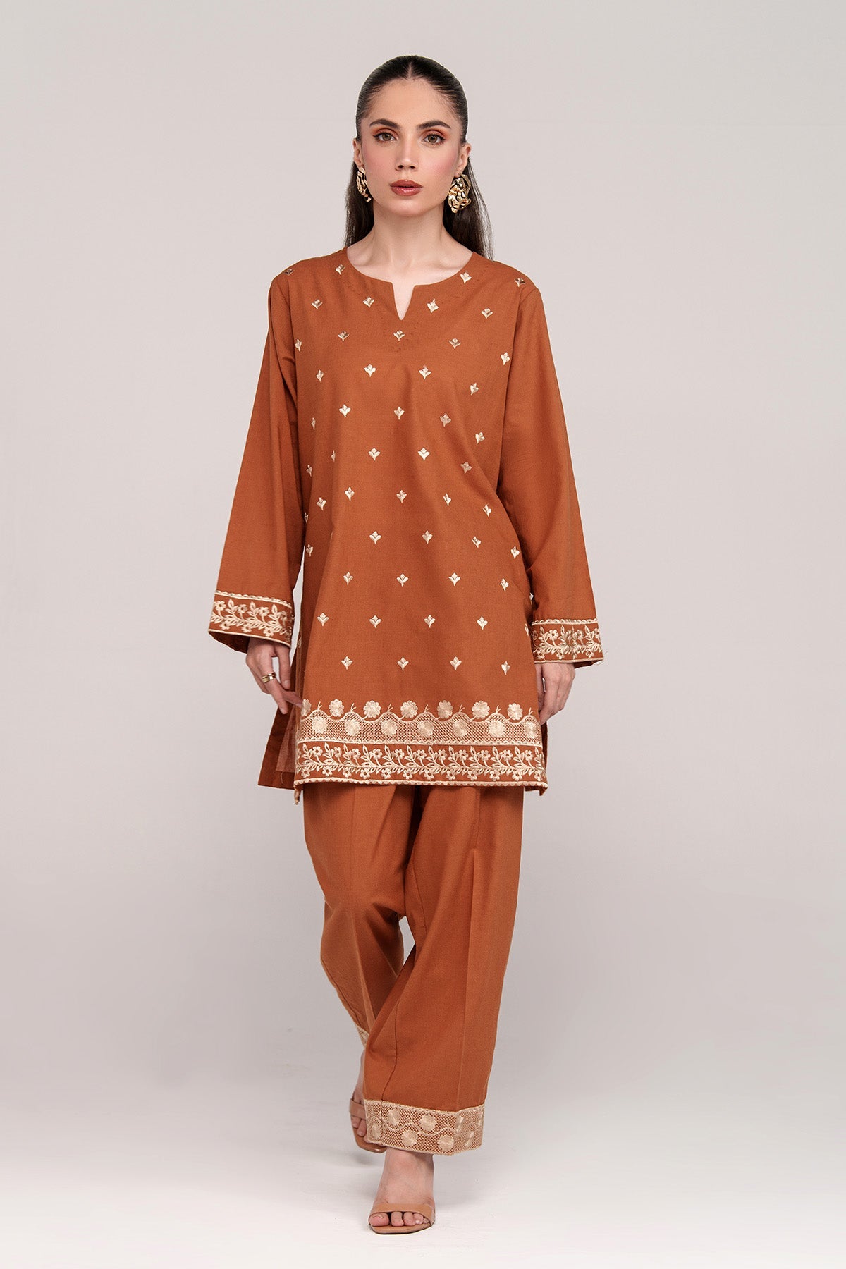 Pastel Brown Embroidered Co Ord Set - 03 - Peach Republic