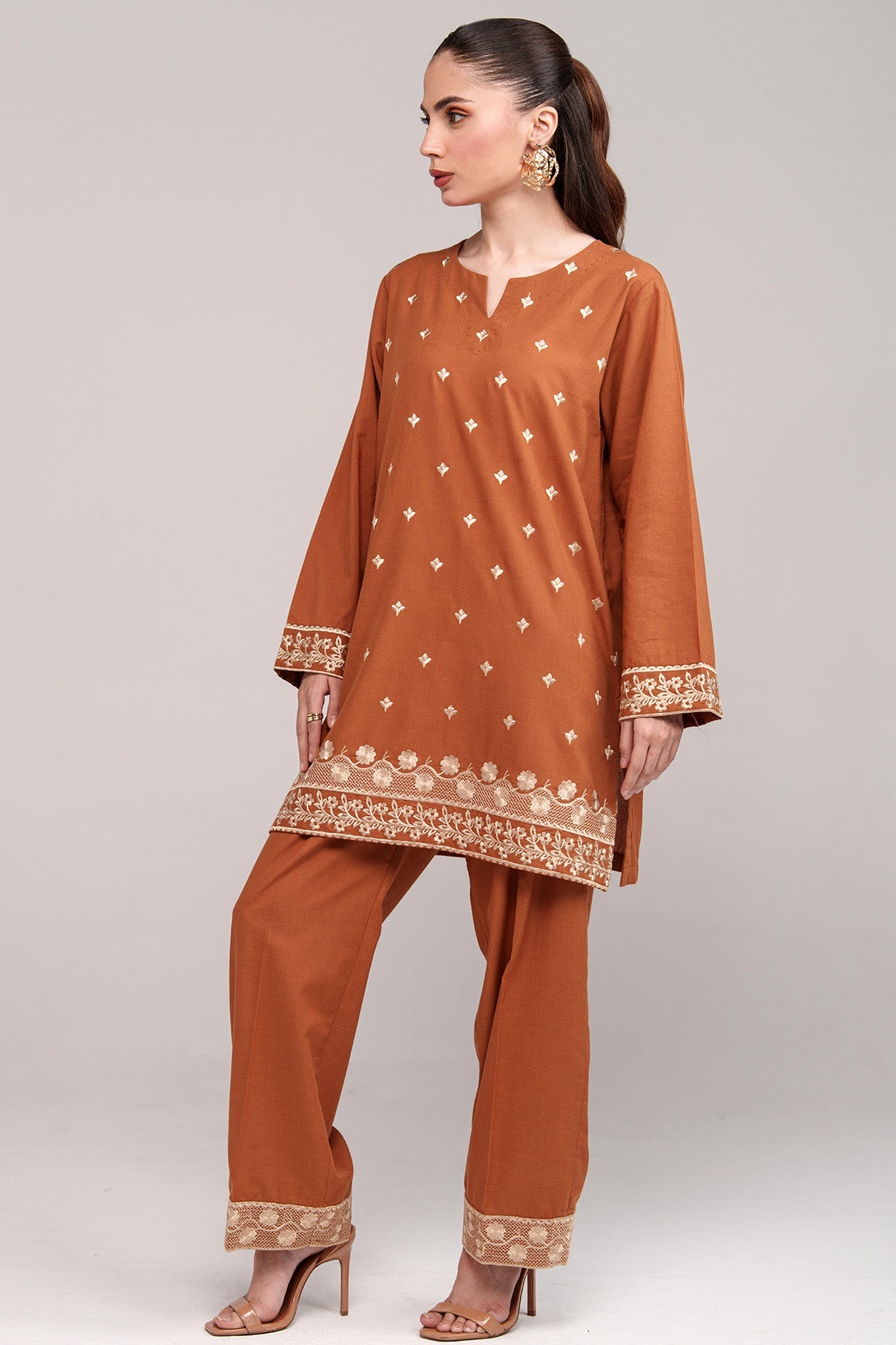 Pastel Brown Embroidered Co Ord Set - 03 - Peach Republic