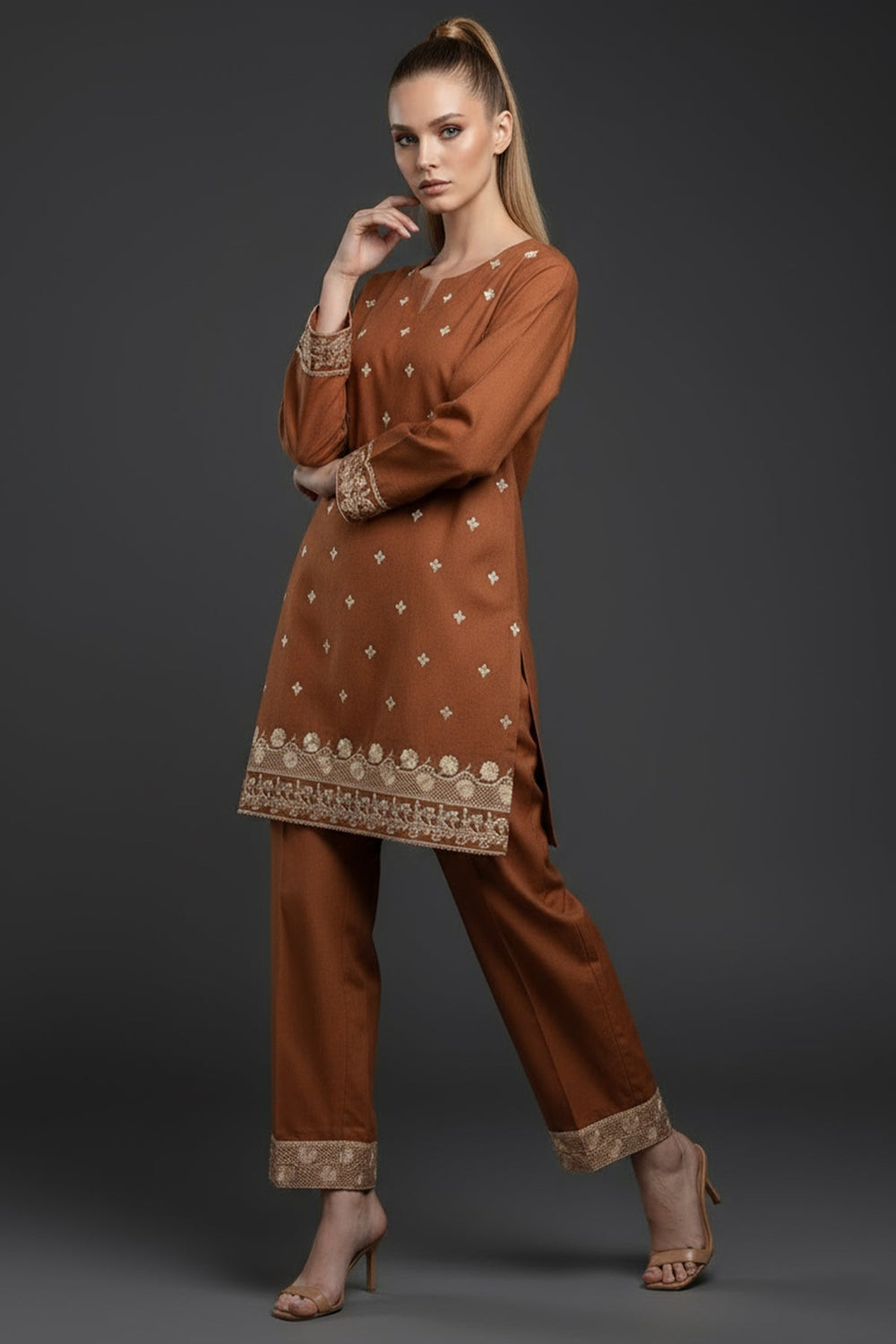 Pastel Brown Embroidered Co Ord Set - 03 - Peach Republic