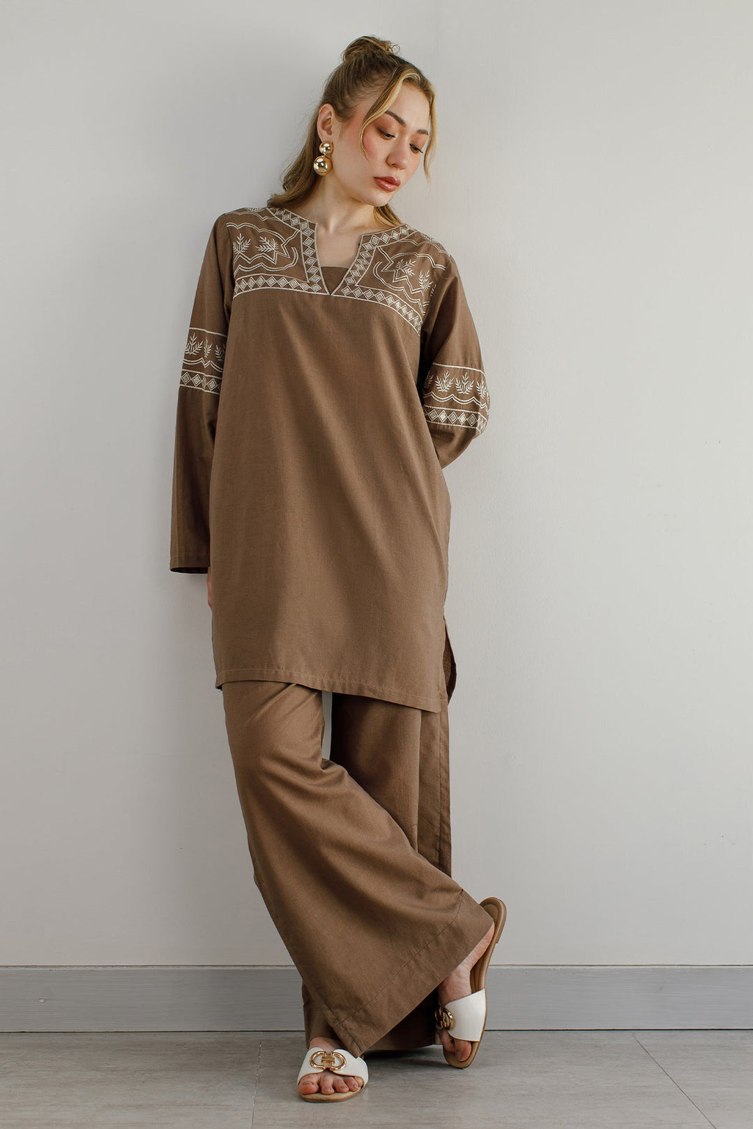 Pastel Brown Embroidered Co Ord Set - Peach Republic