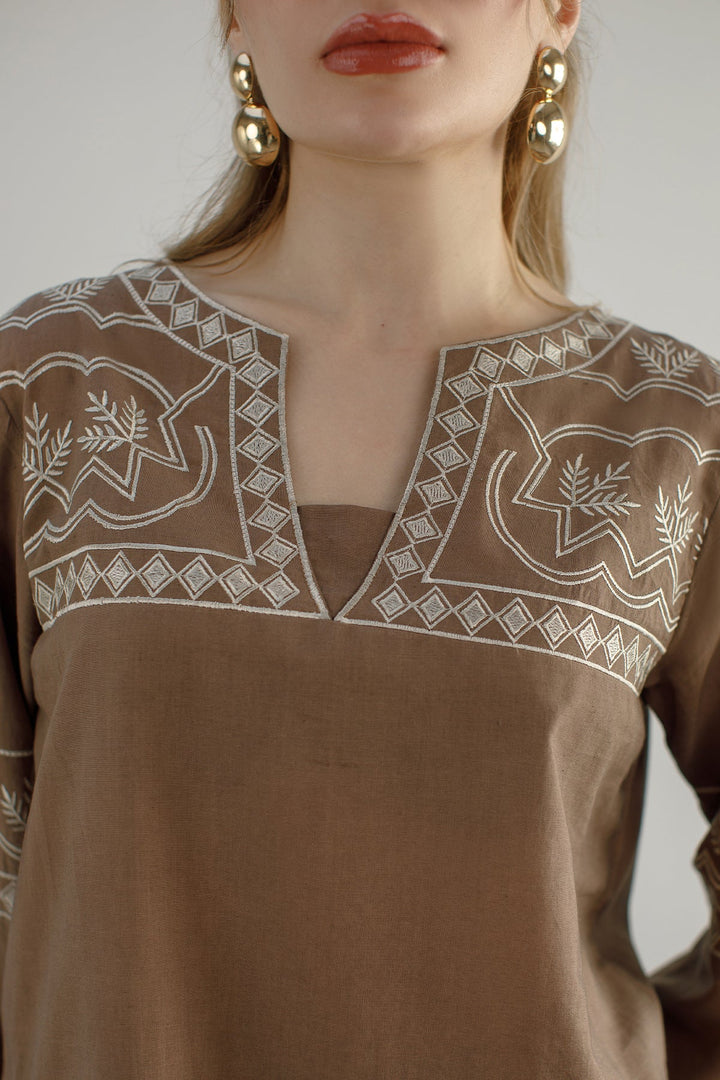 Pastel Brown Embroidered Co Ord Set - Peach Republic