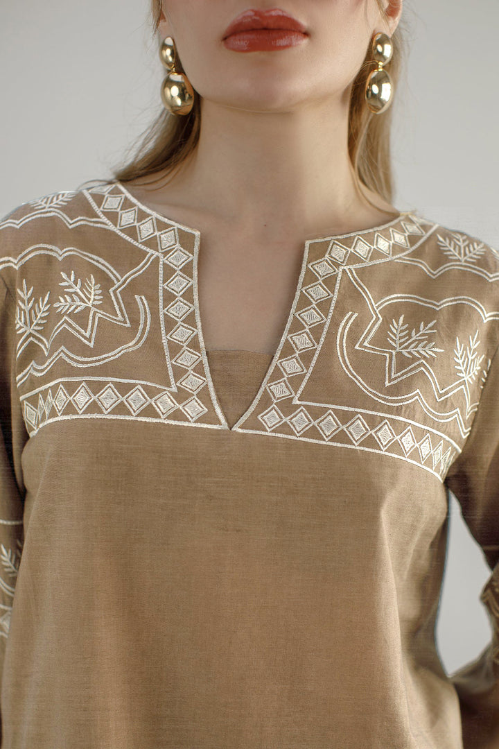 Pastel Brown Embroidered Co Ord Set