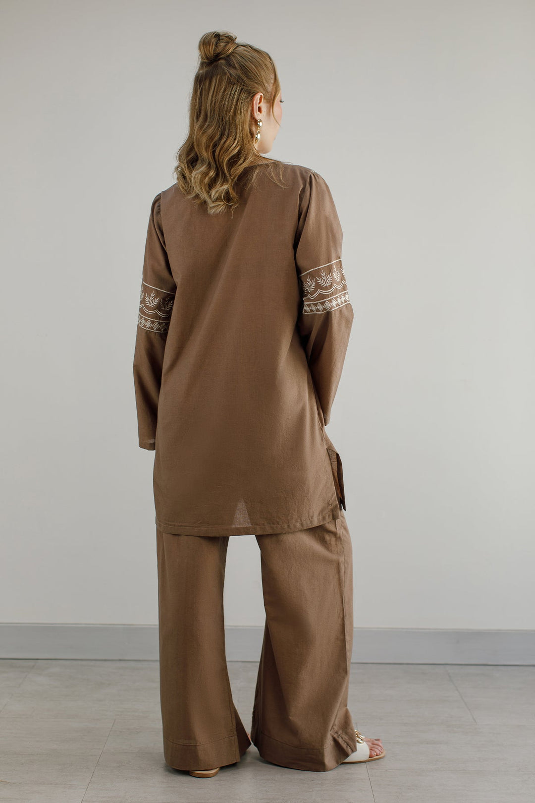 Pastel Brown Embroidered Co Ord Set - Peach Republic