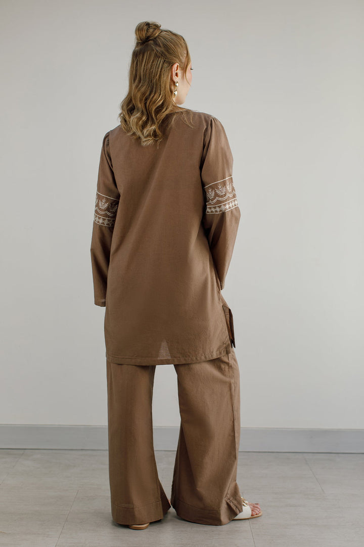 Pastel Brown Embroidered Co Ord Set - Peach Republic