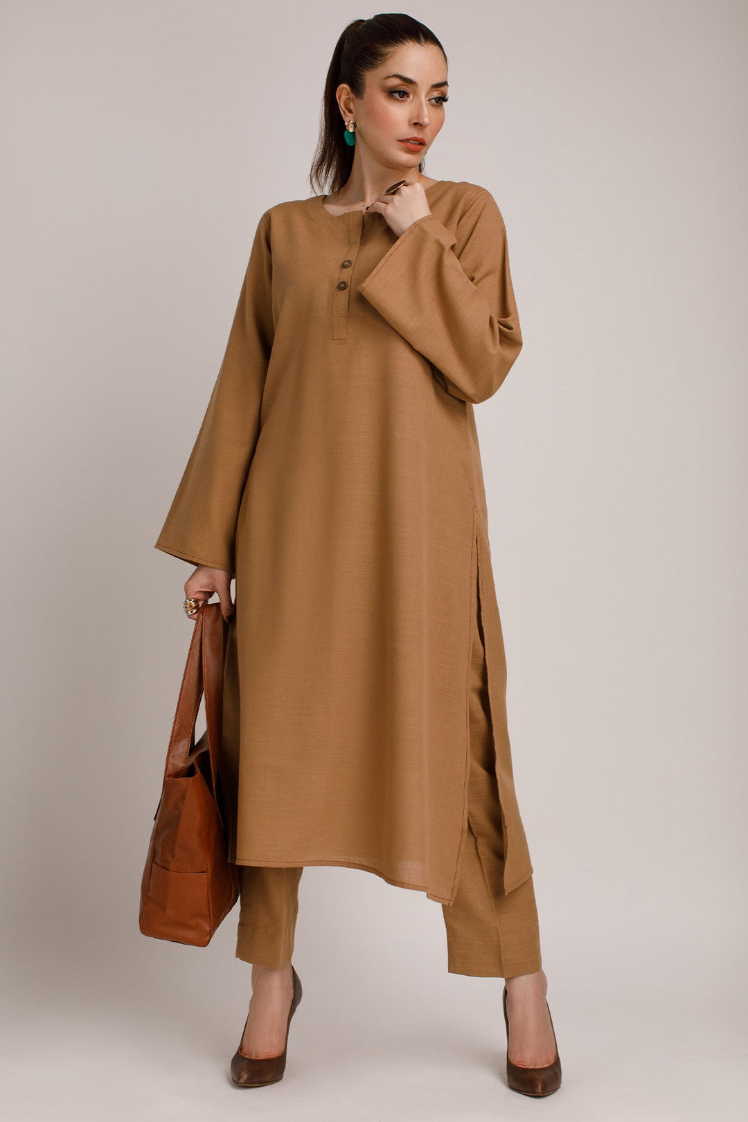 Pastel Brown Khaddar Dress - Peach Republic