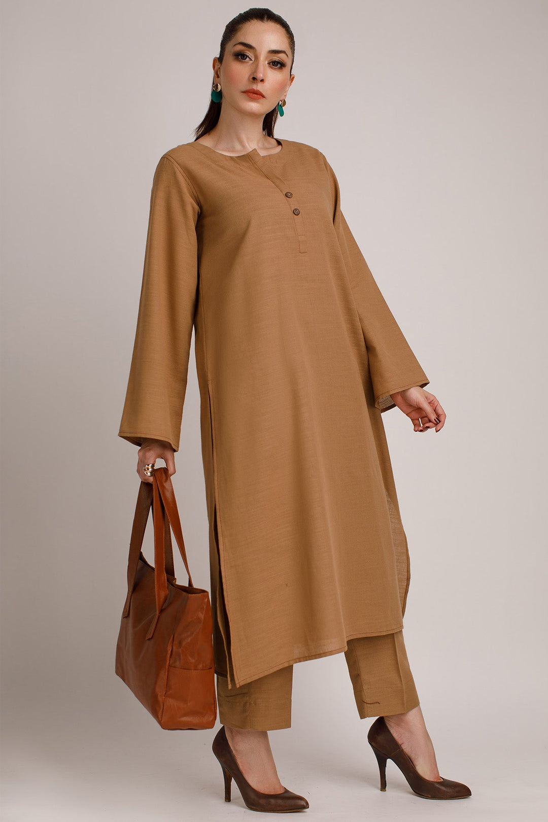 Pastel Brown Khaddar Dress - Peach Republic