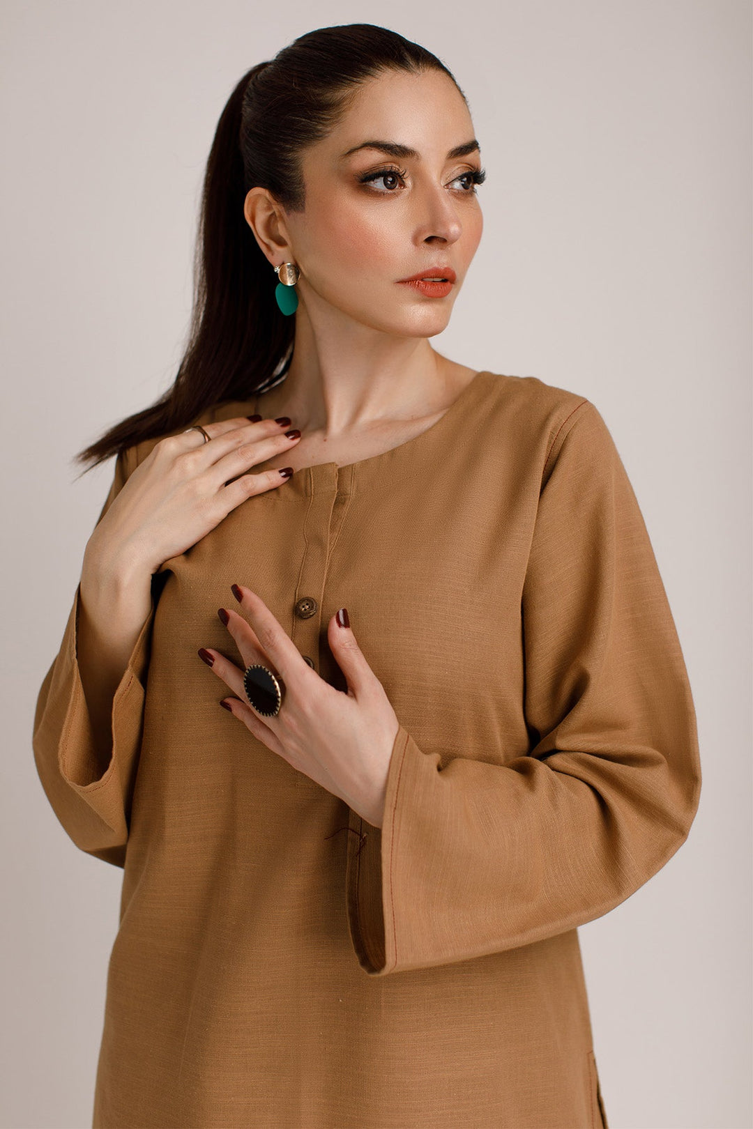 Pastel Brown Khaddar Dress - Peach Republic