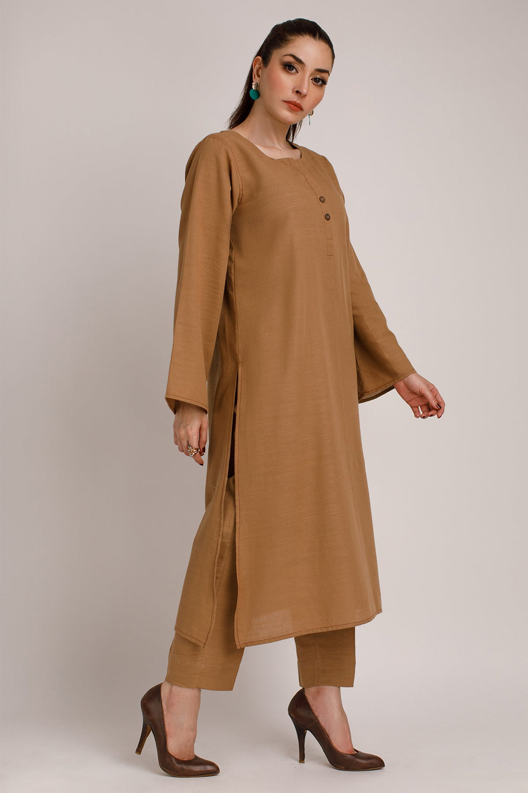Pastel Brown Khaddar Dress - Peach Republic