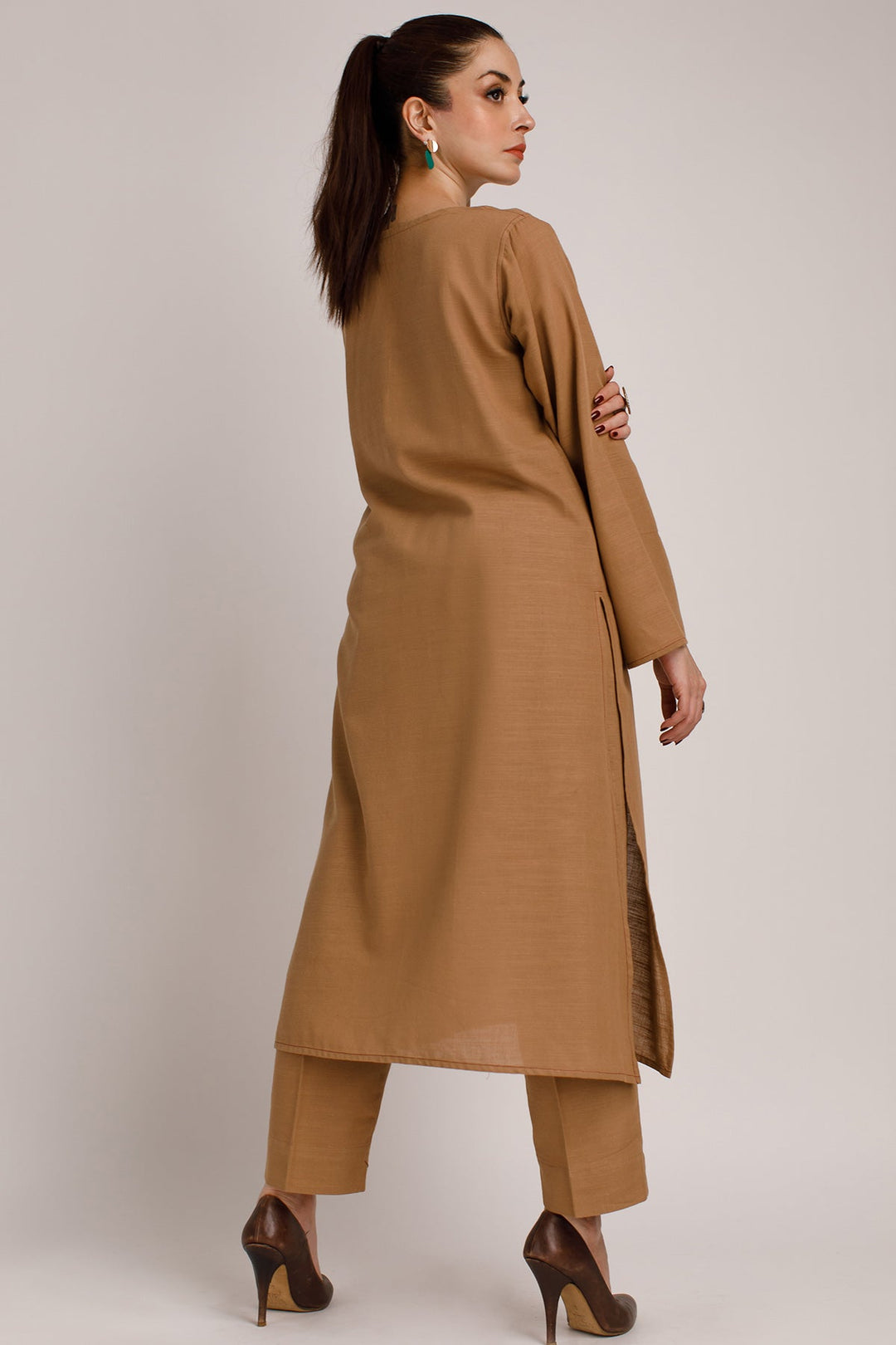 Pastel Brown Khaddar Dress - Peach Republic