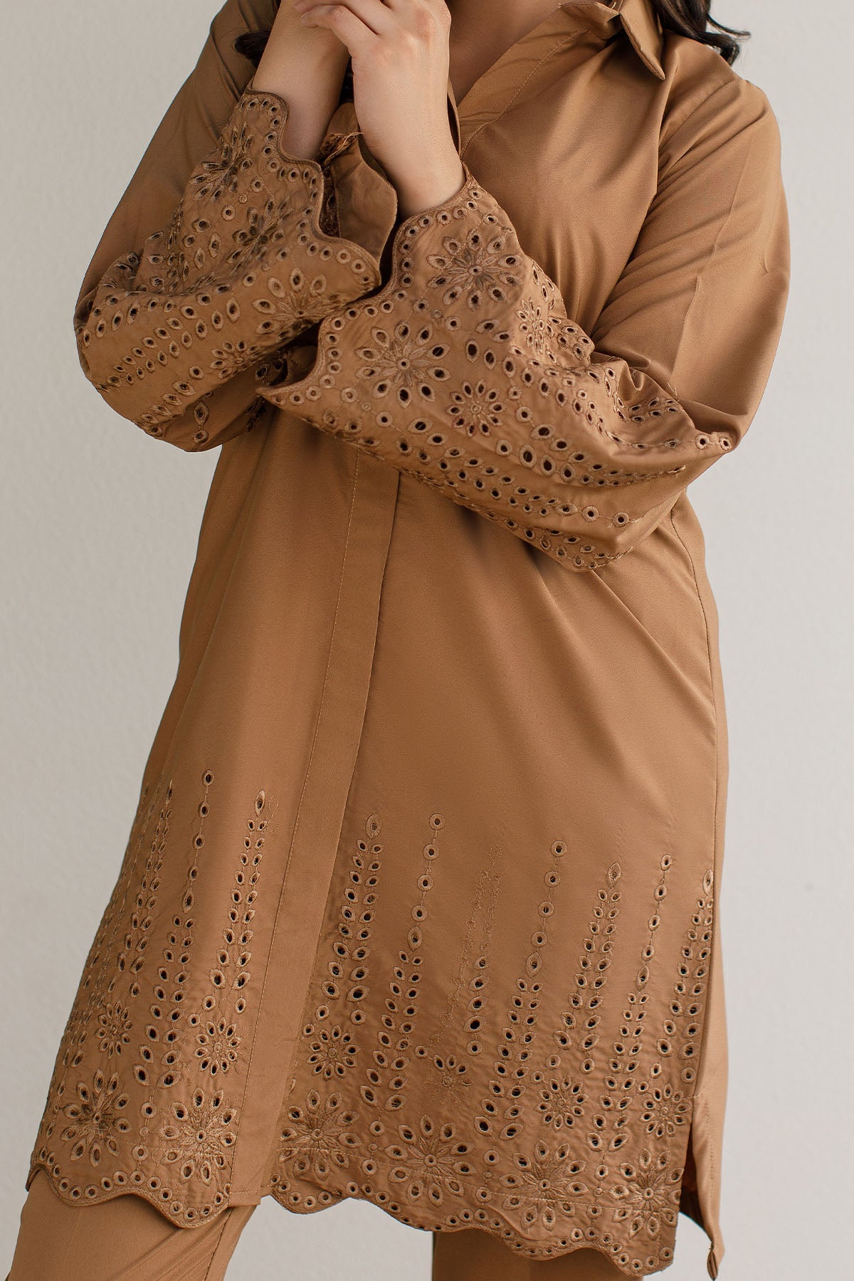 Pastel Brown Schiffli Co Ord Set - Peach Republic