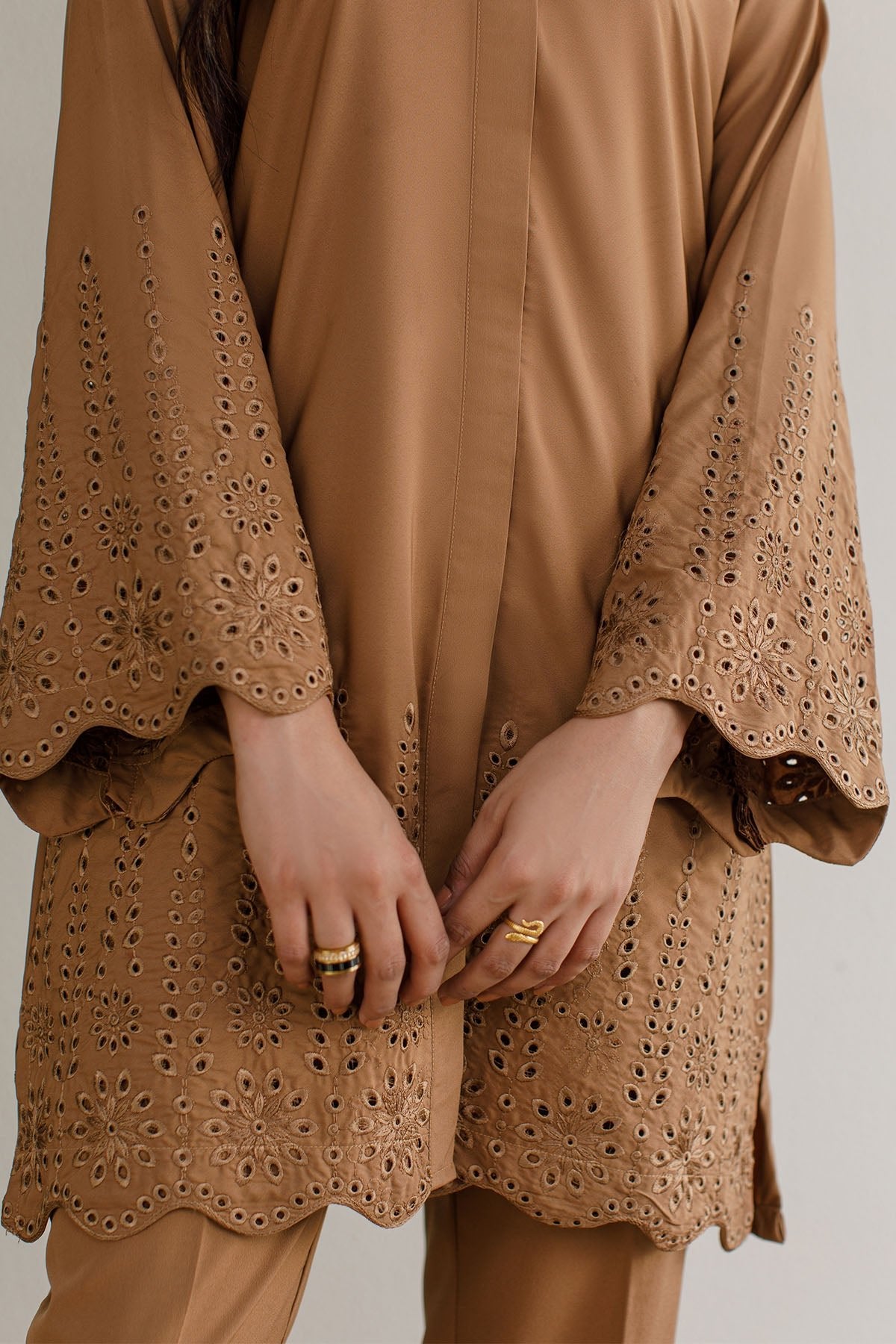 Pastel Brown Schiffli Co Ord Set - Peach Republic